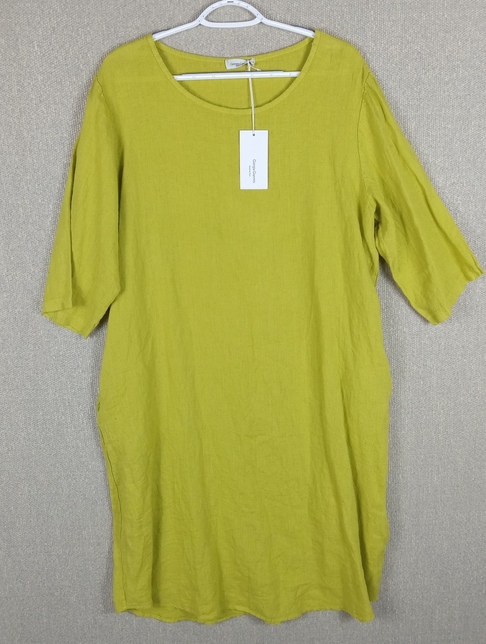 Giorgia Giannini Italy Chartreuse Green 100% Linen Lagenlook Tunic Dress Boho XL